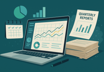 Digital illustration showing a laptop with real-time financial dashboards and charts next to a stack of printed quarterly reports, symbolising the shift from traditional to ongoing bookkeeping