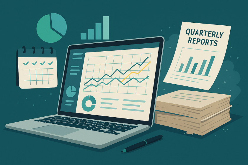Digital illustration showing a laptop with real-time financial dashboards and charts next to a stack of printed quarterly reports, symbolising the shift from traditional to ongoing bookkeeping